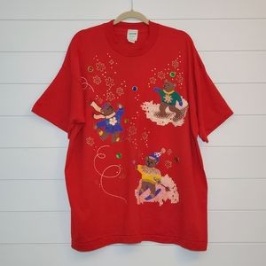 Red Christmas Top Bears Red Vintage India Ink Hand‎ Painted Bears Tee Size 2X